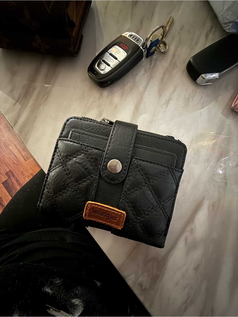 Wrangler Black Quilted Leather Snap & Zip Wallet